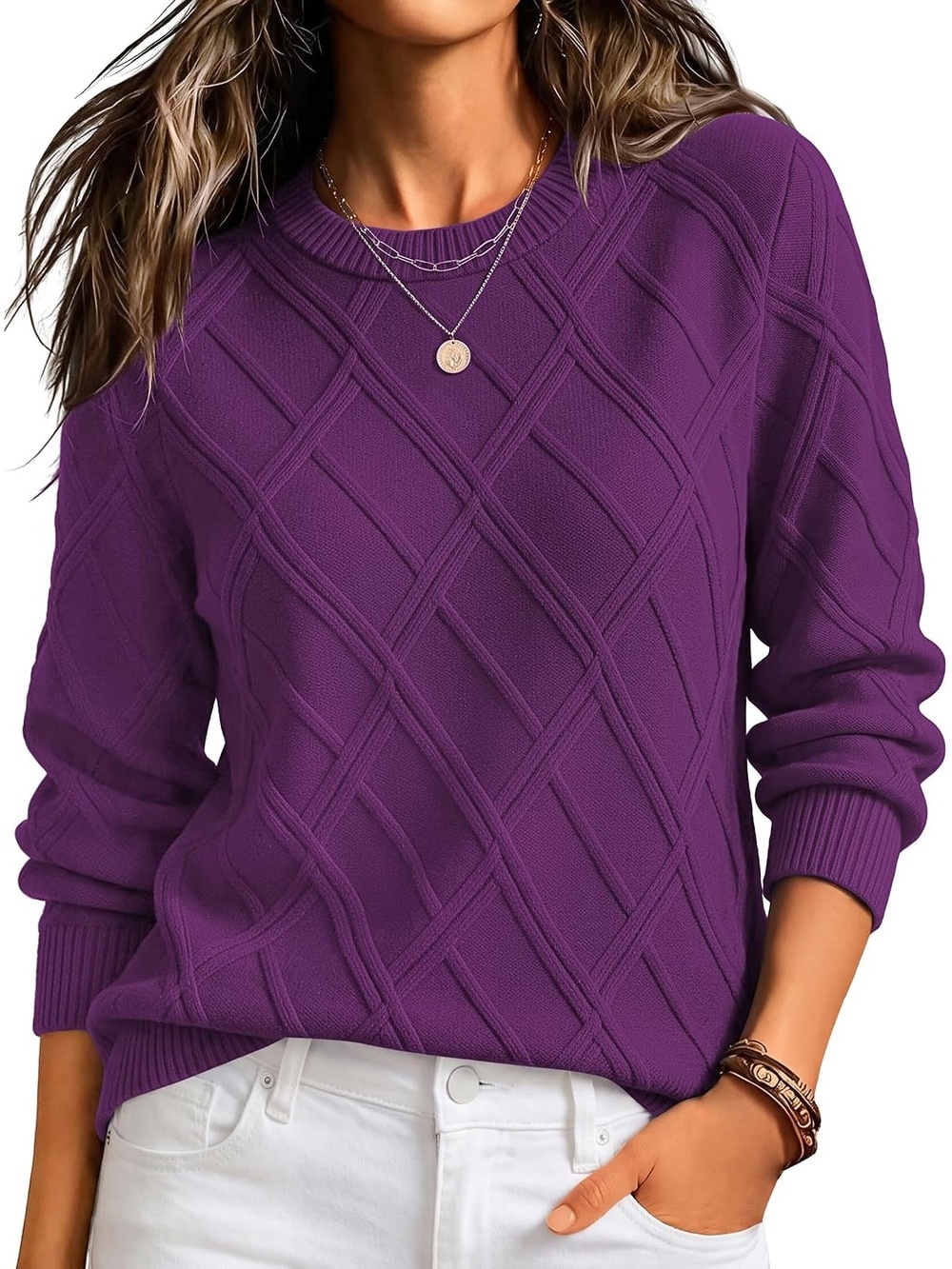 🆕 Women's Dark Purple Long Sleeve Cable Knit Crewneck Cozy Pullover Sweater